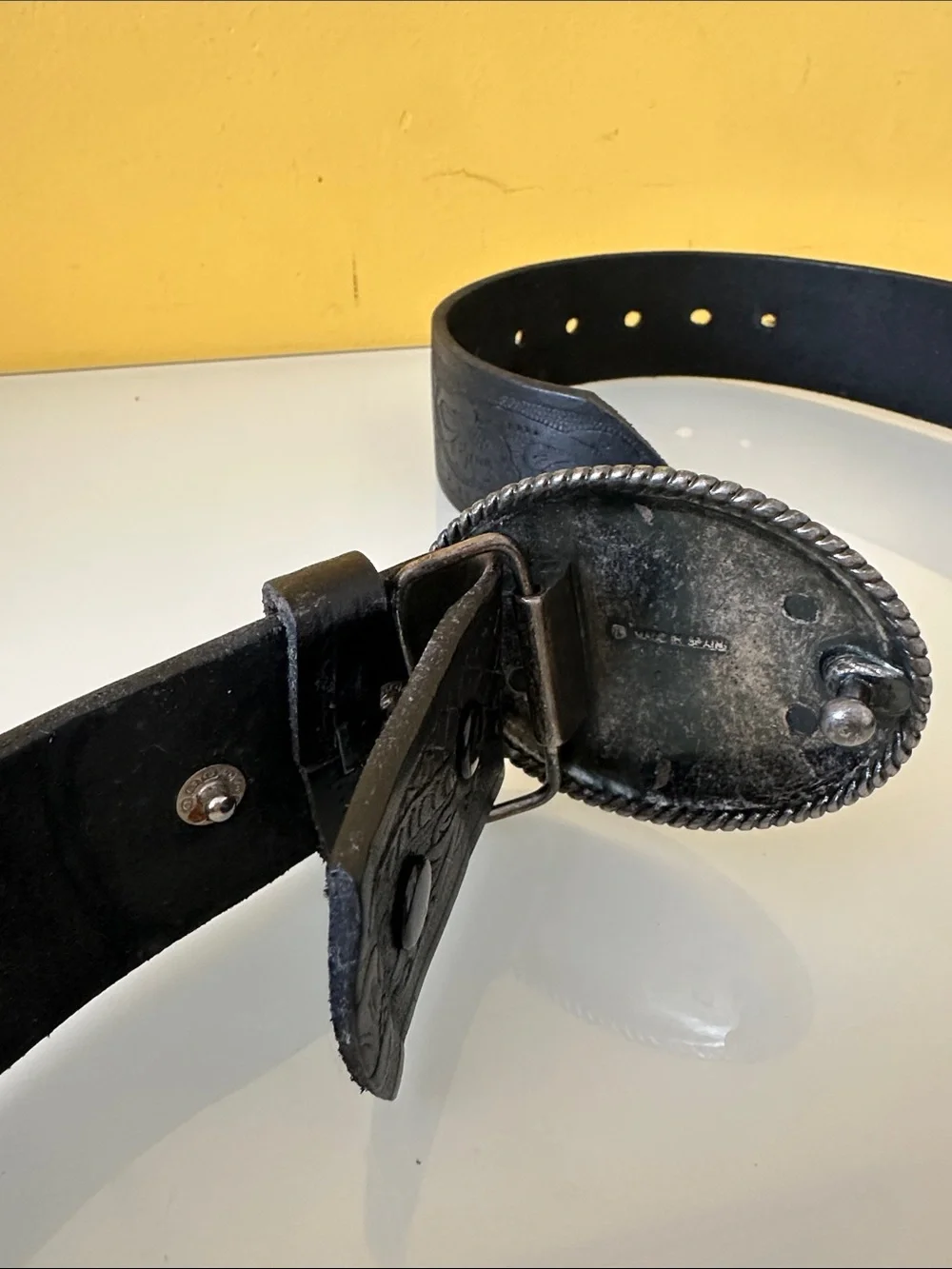 Western Tooled Black Leather Belt with Removable Oval Silver-tone Buckle 34